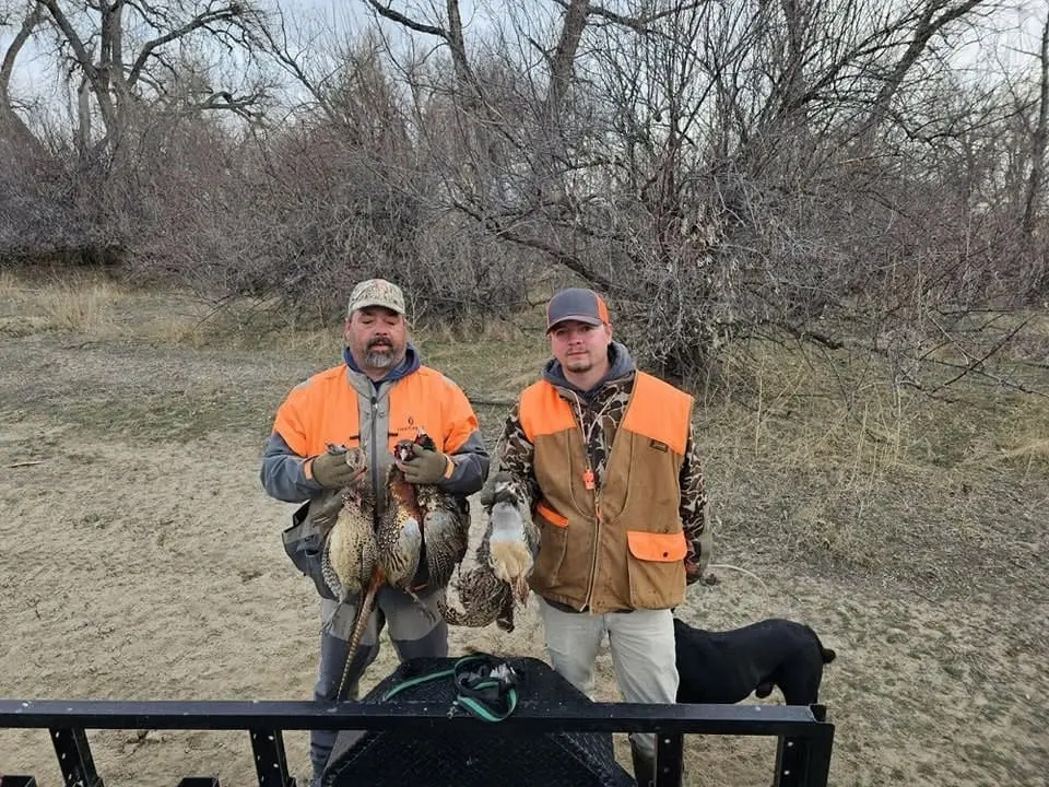 Two hunters in orange vests pose with harvested pheasants and chukar in a field, with a black dog visible in the background.