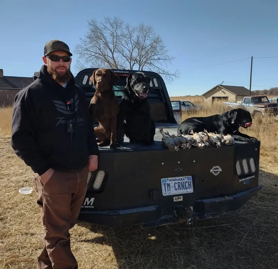 A man and three dogs pose with harvested chukar in the back of a pickup truck.