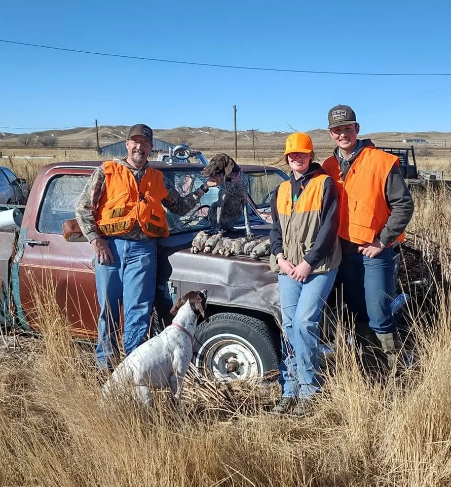 Three hunters and two dogs pose with harvested game birds on the back of a truck.