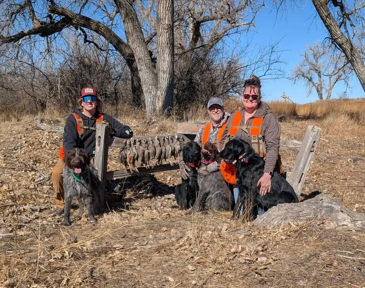 Three hunters and four dogs pose with a rack of harvested chukar partridge in a field.