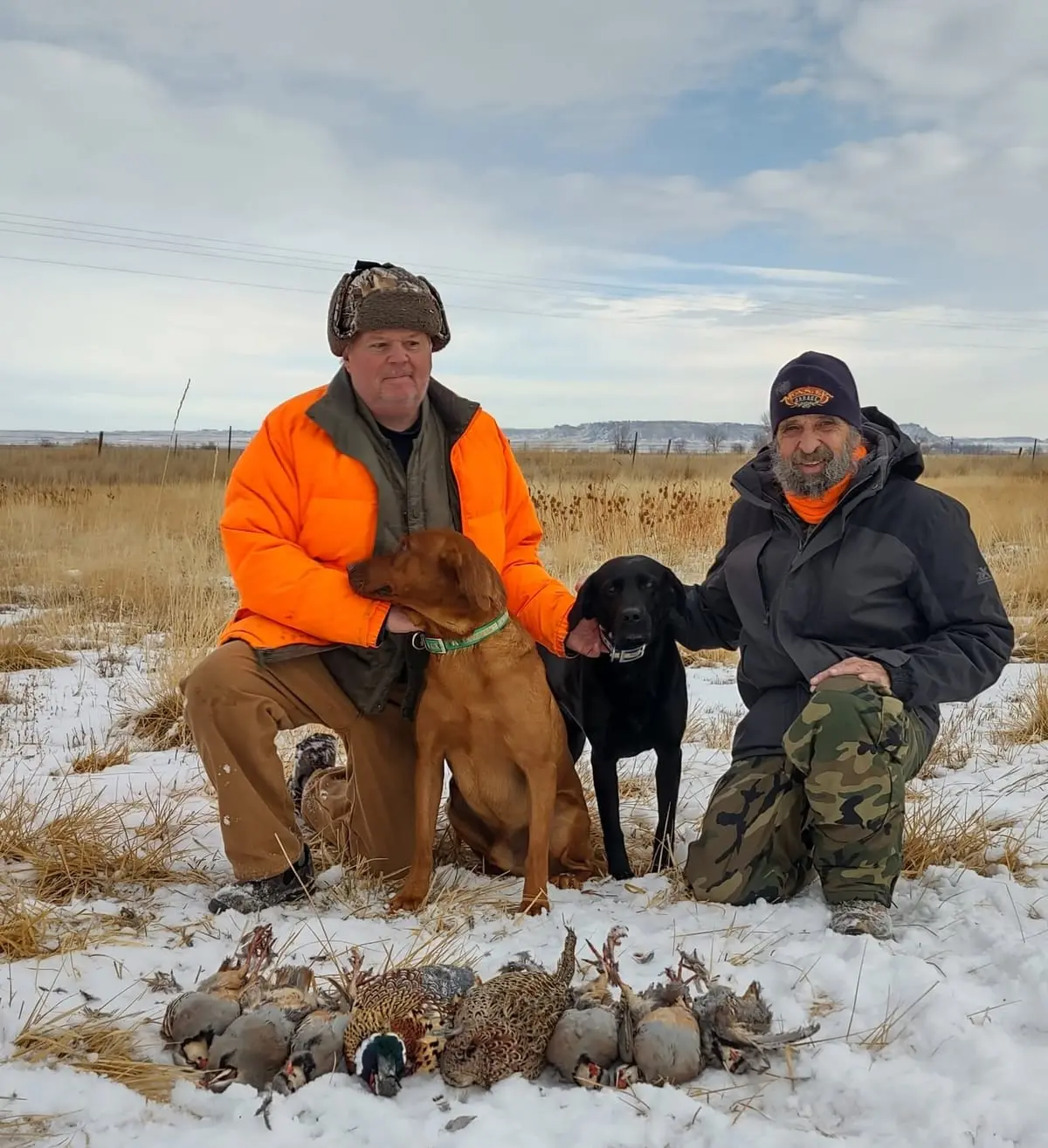 Two hunters and two dogs pose with harvested pheasants and chukar partridges in a snowy field.