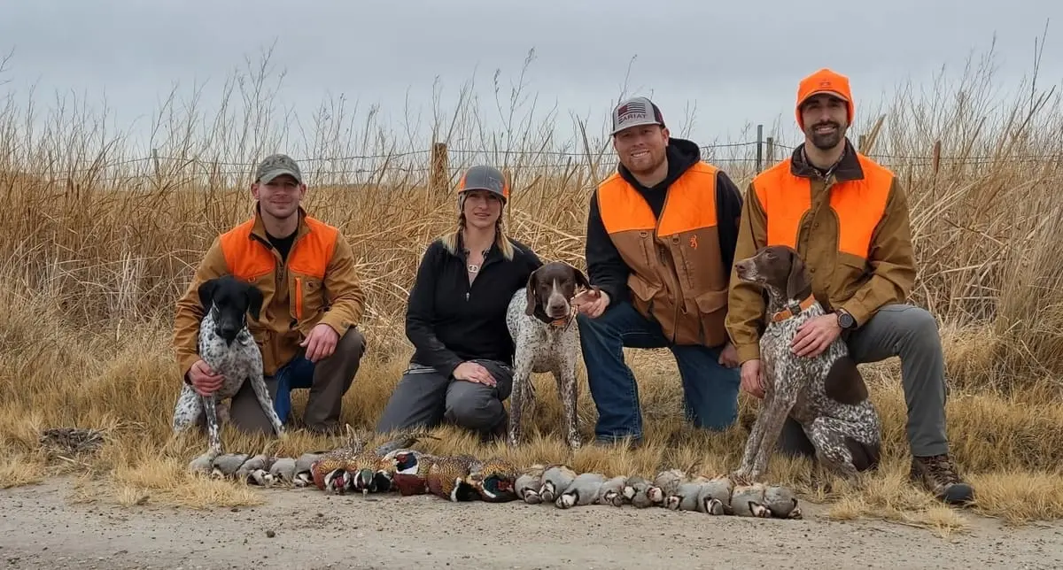 Four hunters and two dogs pose with a harvest of pheasants and chukar partridges in a field.