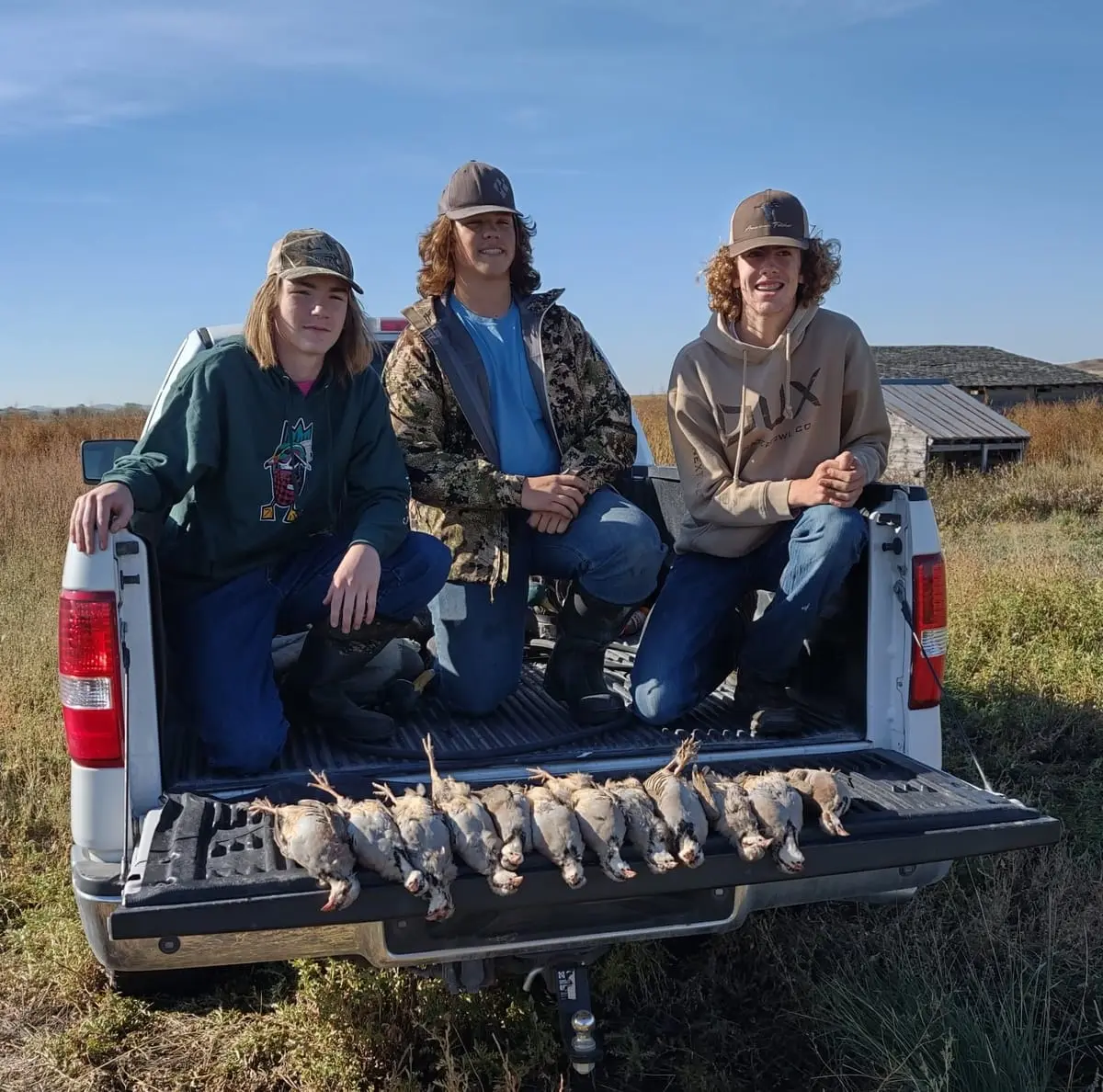 Three young men pose with their harvested chukar partridges in the back of a pickup truck.