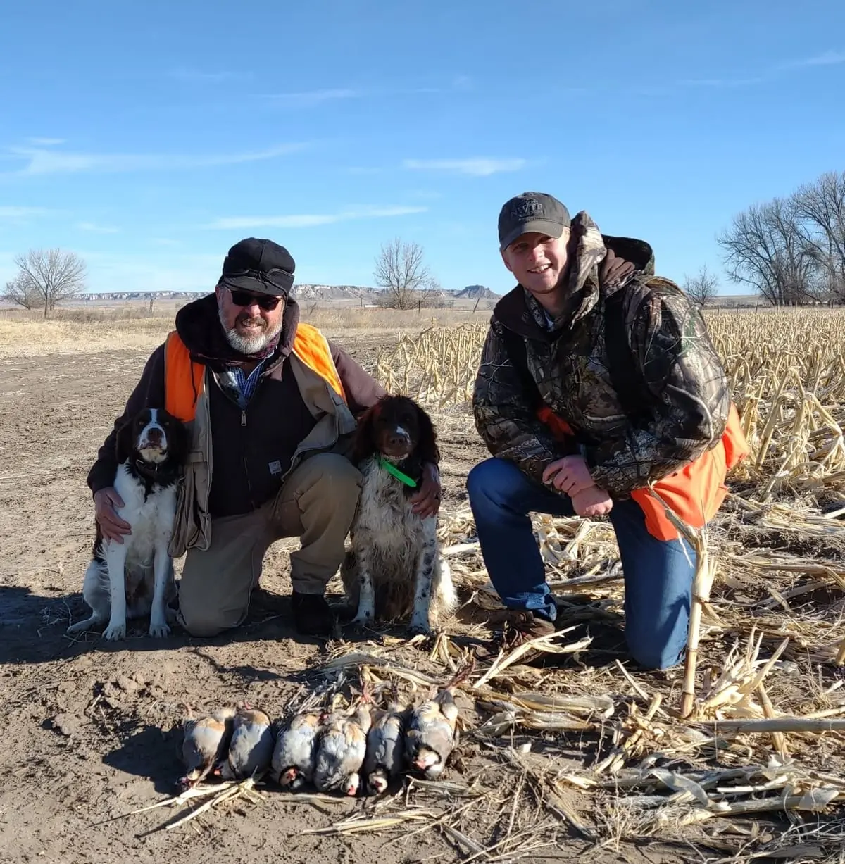Two hunters and their dogs pose with harvested chukar partridges in a field.