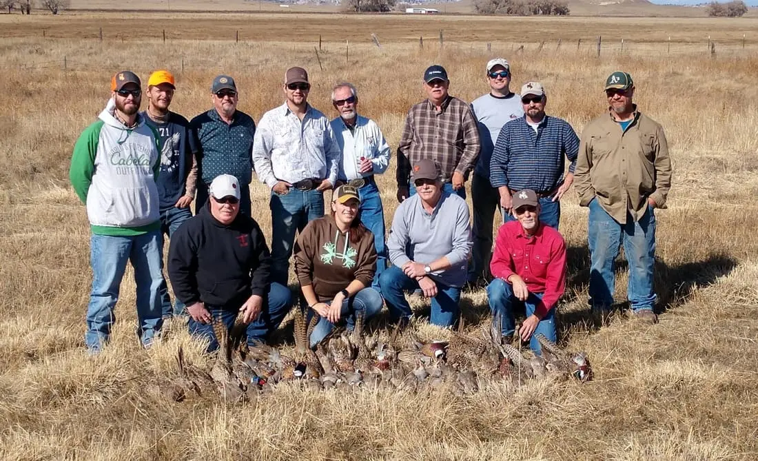 A group of hunters poses with their harvested ring-necked pheasants in a field.