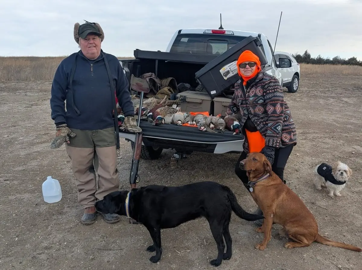 Two hunters and three dogs pose with harvested pheasants and chukar in the back of a pickup truck.