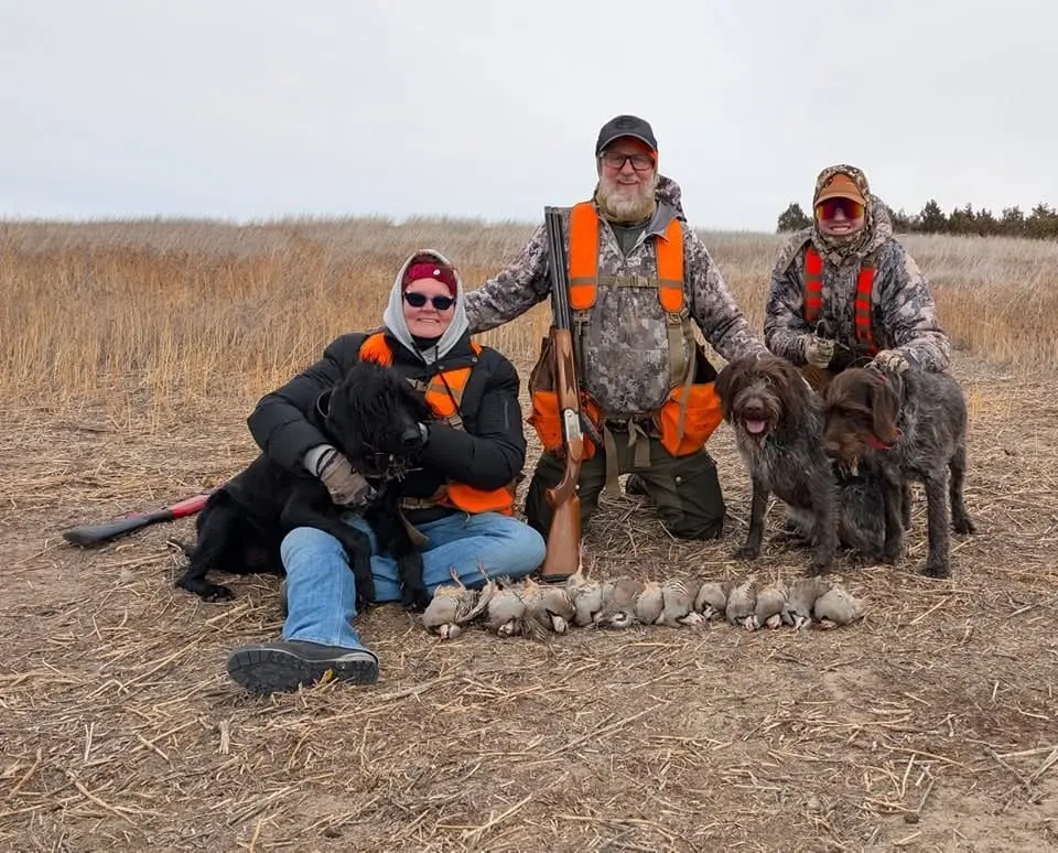 Three hunters and three dogs pose with a harvest of chukar partridges in a field.